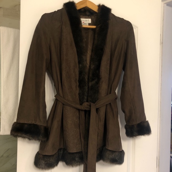 Nine West Chocolate Microfiber Fur Trim Wrap Coat Petite M Excellent